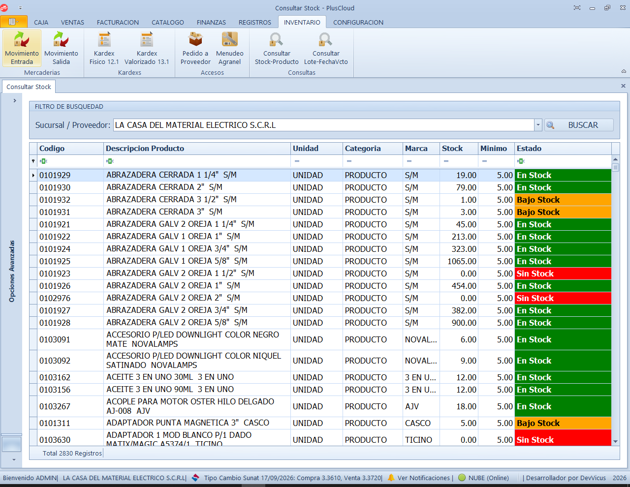 Consulta real de stock PlusCloud
