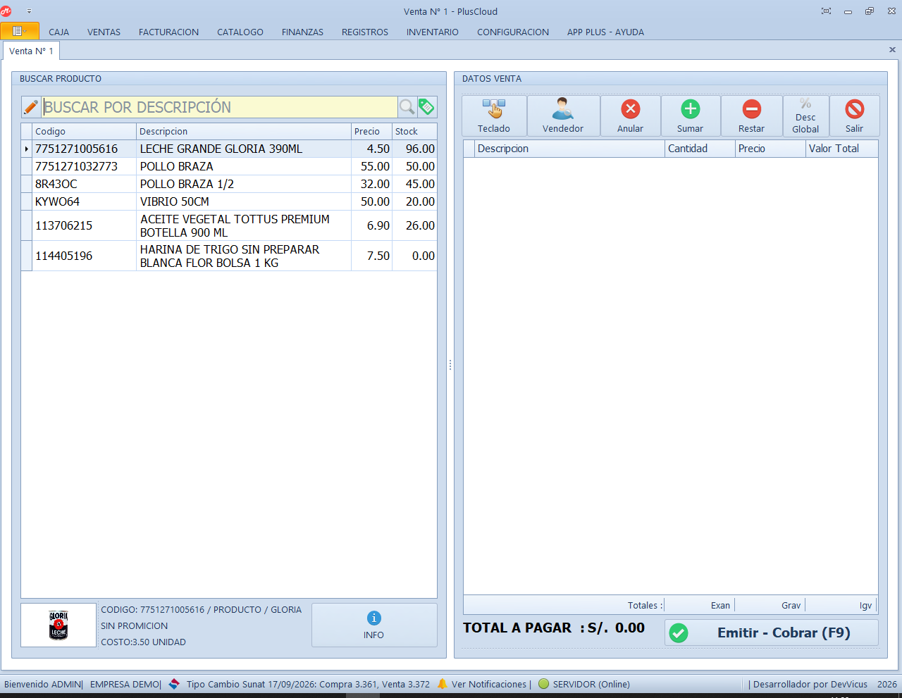 Pantalla real de ventas PlusCloud